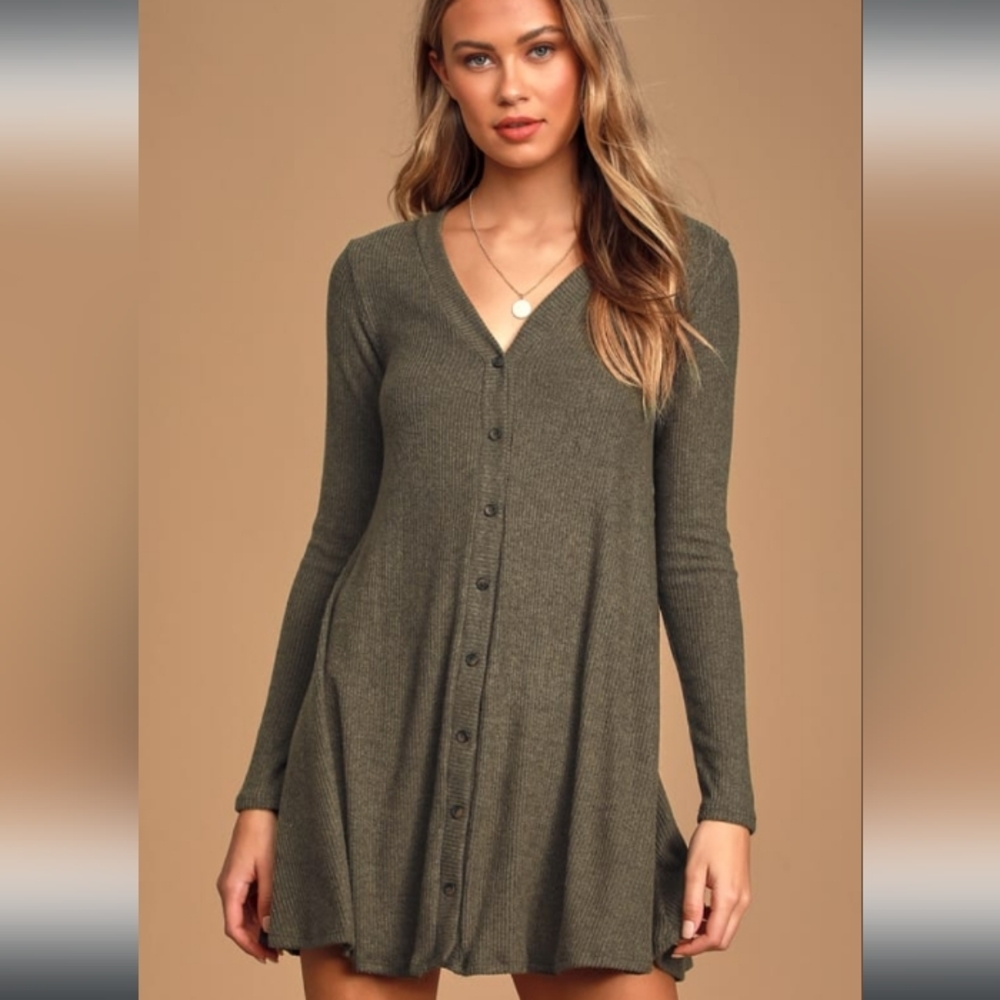 NWT Lulus Sweet Comfort Heather Olive Green Button-Front Sweater Dress